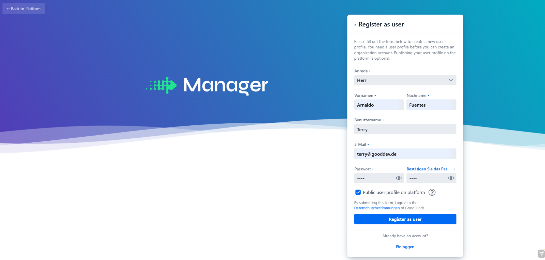 Die Registrierungsseite von GoodFunds
